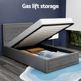 Artiss TIYO grey king single gas lift bed frame styled in bedroom — Allure Home Collections