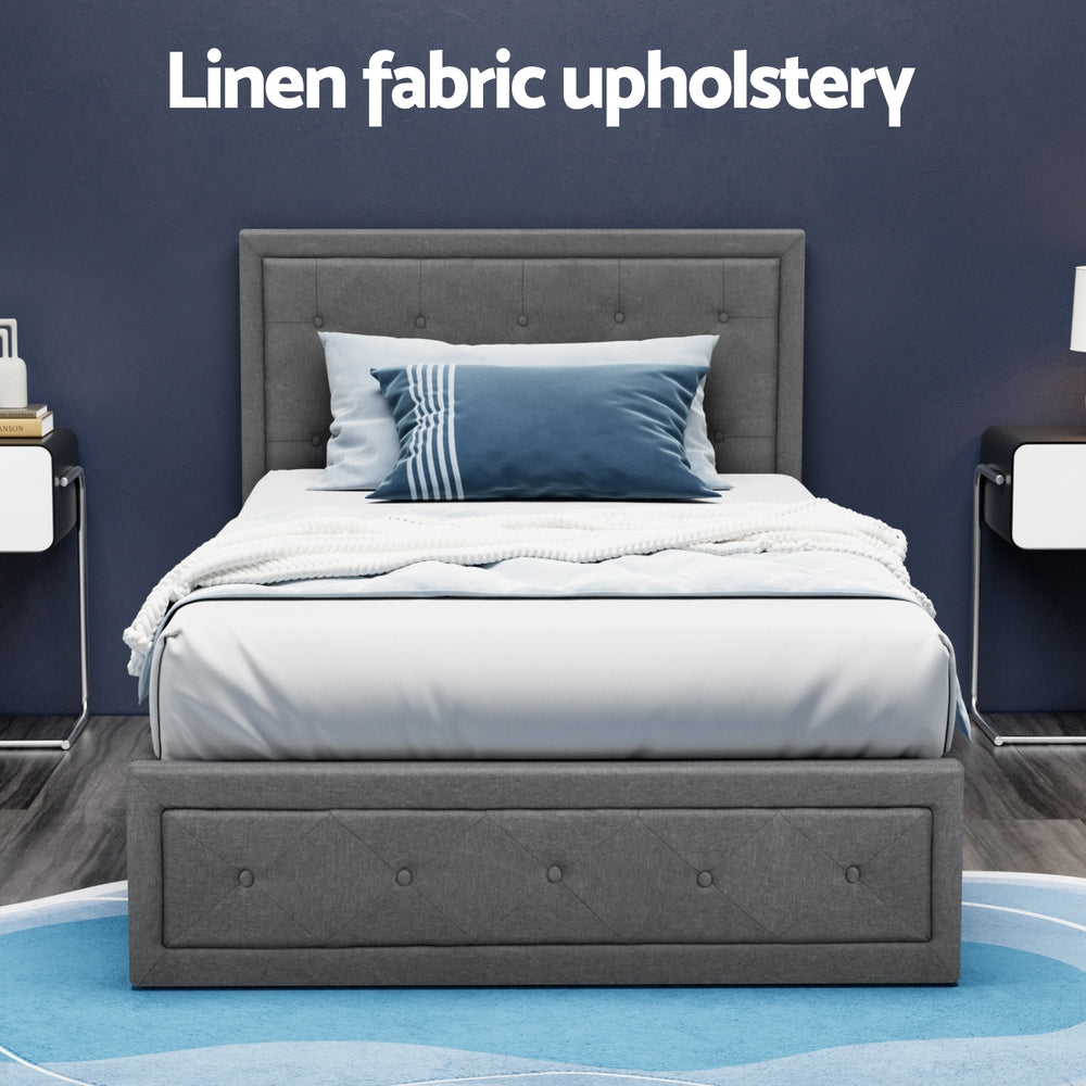 Artiss TIYO king single grey gas lift bed frame side profile — Allure Home Collections