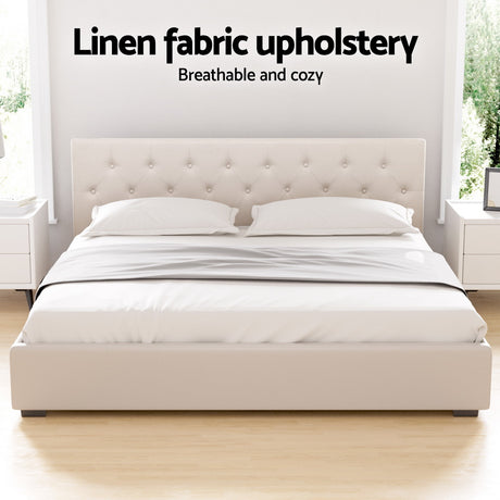 Artiss VILA gas lift bed frame styled in Scandi bedroom — Allure Home Collections