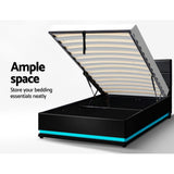 Artiss LUMI king single LED gas lift bed frame styled in bedroom — Allure Home Collections