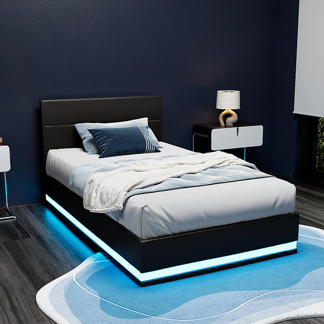Artiss LUMI king single gas lift LED bed frame in black PVC leather — full view — Allure Home Collections
