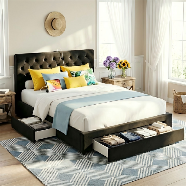 Vicenza black Queen bed frame in a modern bedroom