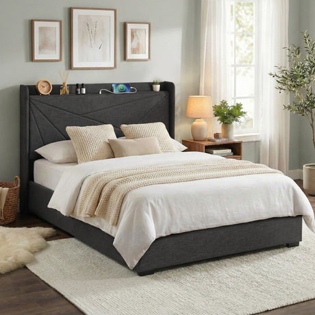 Padua charcoal grey Queen bed frame in a modern bedroom