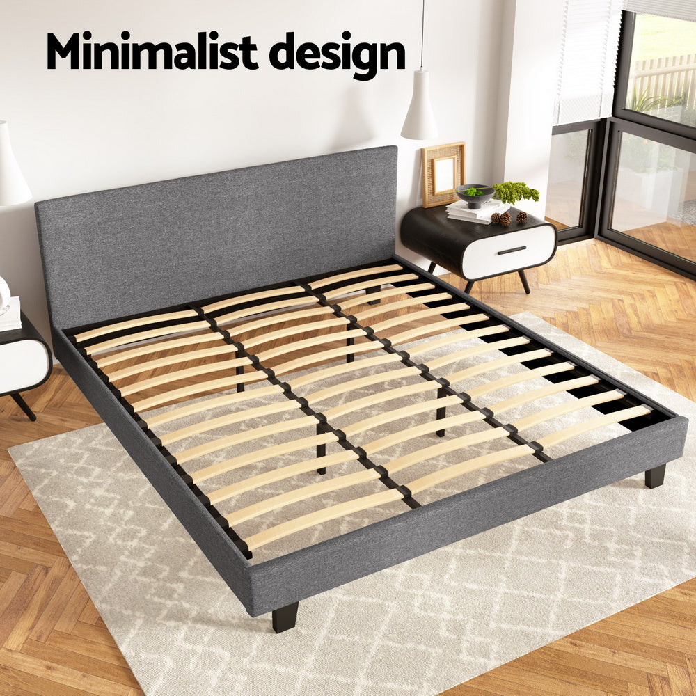 Artiss NEO king bed frame in grey faux linen — full front view — Allure Home Collections