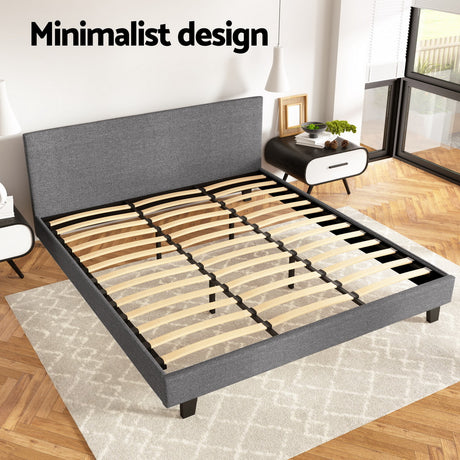 Artiss NEO king bed frame in grey faux linen — full front view — Allure Home Collections
