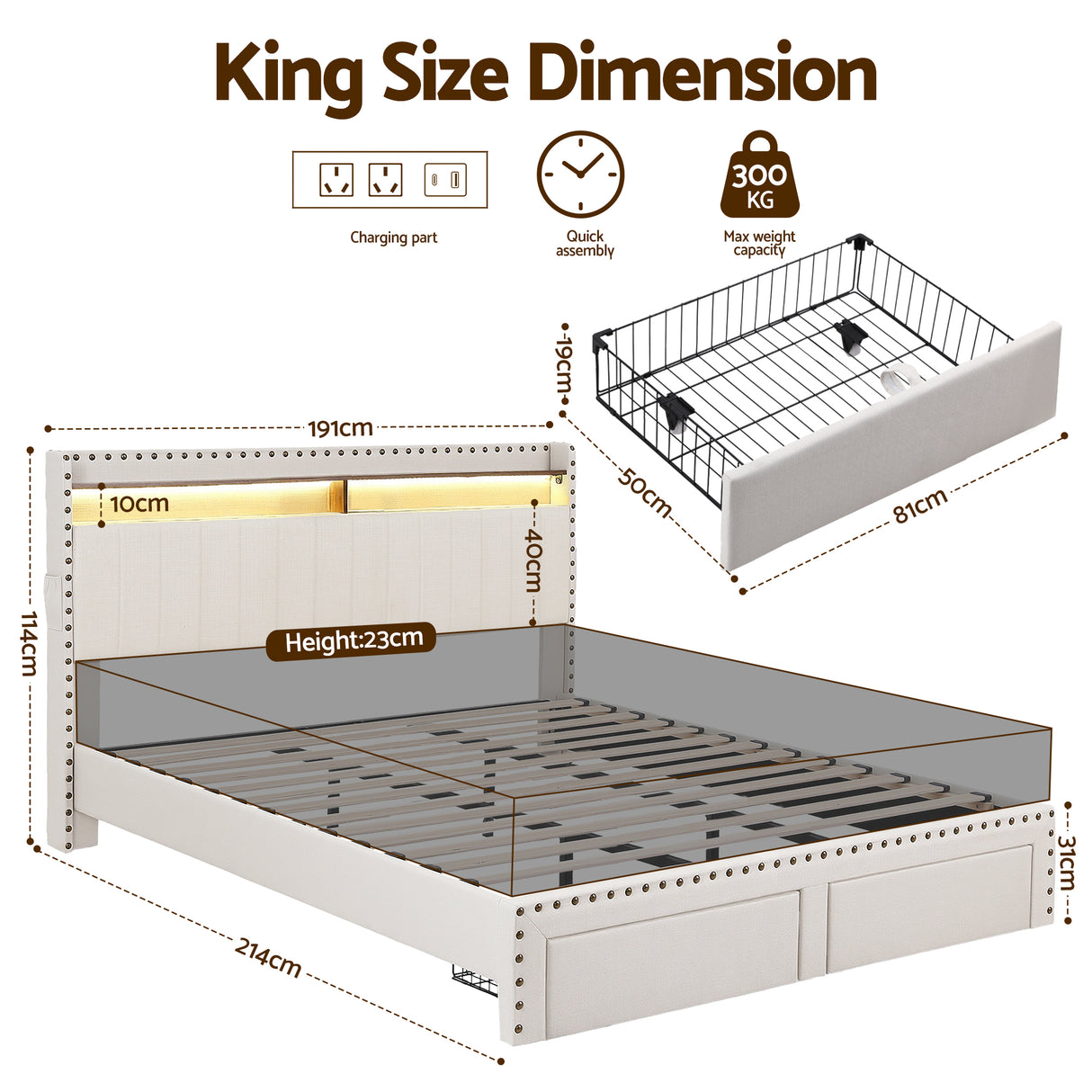 Treviso King Storage Bed Frame, Beige