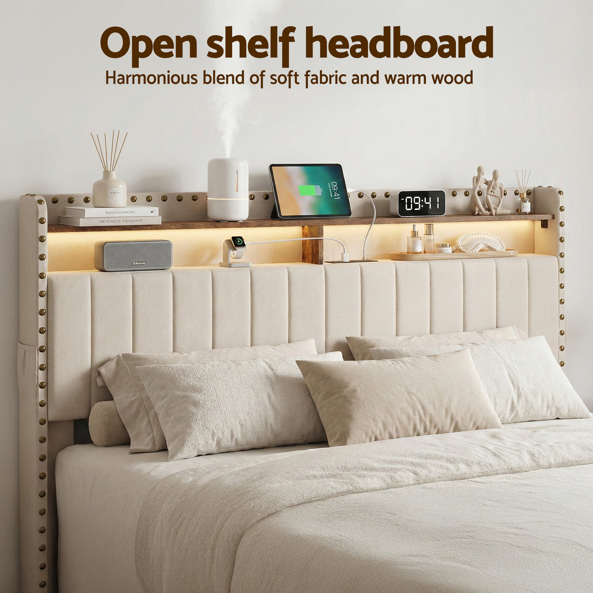 Treviso King Storage Bed Frame, Beige