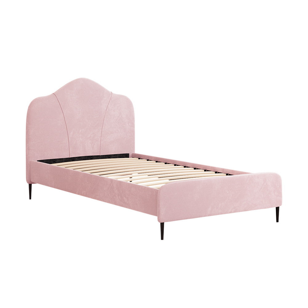 Artiss OLAN king single pink velvet bed frame from foot end — Allure Home Collections