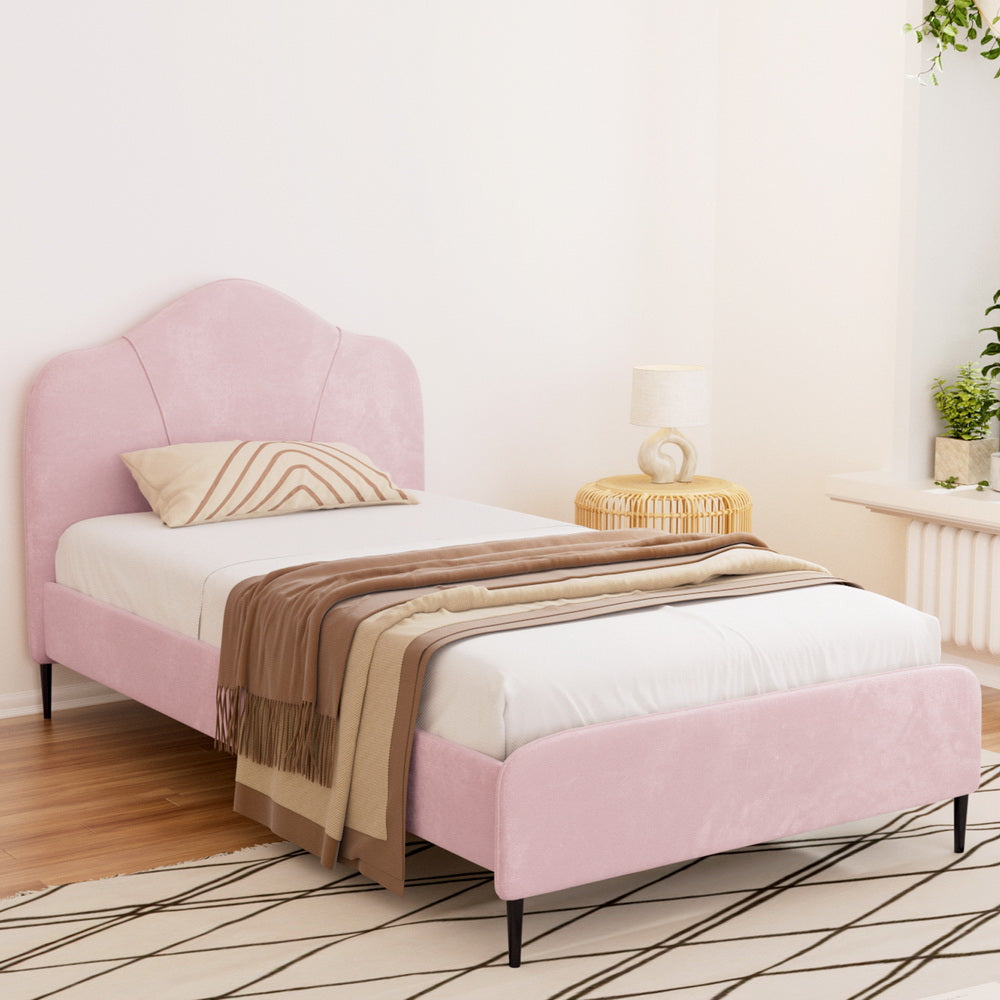Artiss OLAN king single bed frame in pink velvet — full front view — Allure Home Collections