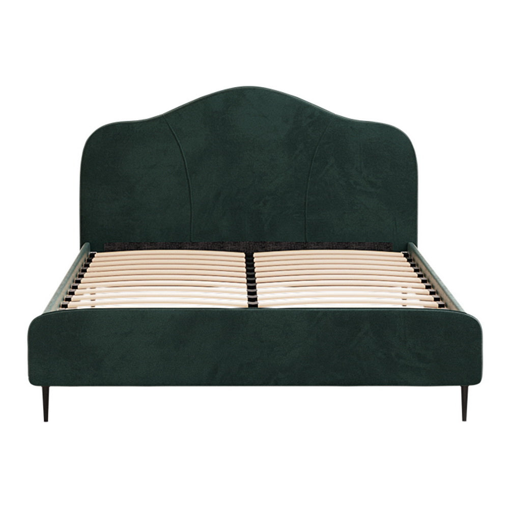 Artiss OLAN queen dark green velvet bed frame side profile — Allure Home Collections