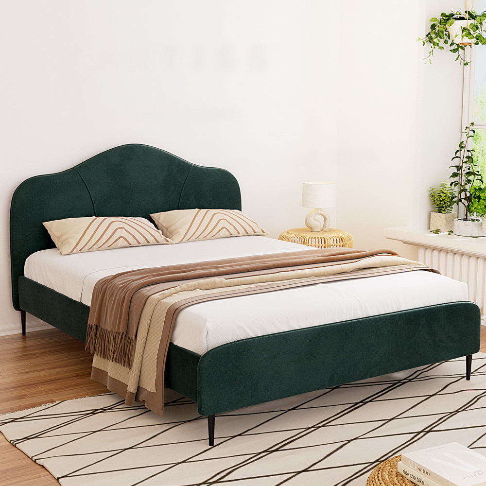 Artiss OLAN queen bed frame in dark green velvet — full front view — Allure Home Collections