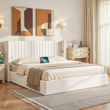 Sienna King Gas Lift Bed, White Velvet