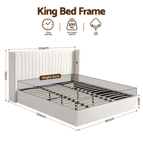 Sienna King Gas Lift Bed, White Velvet, view 2