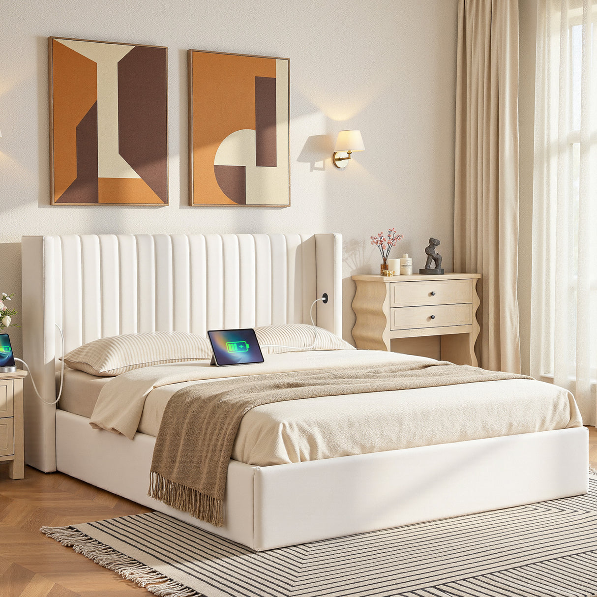 Bergamo white Queen bed frame in a modern bedroom