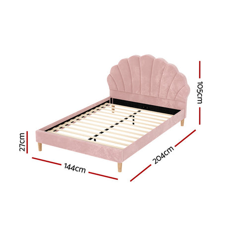 Artiss ROSY double pink velvet scallop headboard close-up — Allure Home Collections