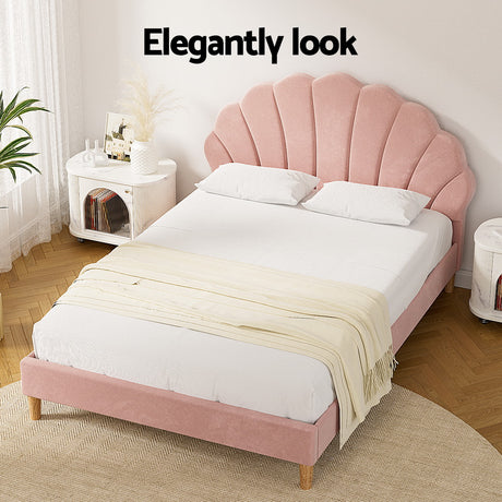 Artiss ROSY pink velvet scallop double bed frame styled in bedroom — Allure Home Collections