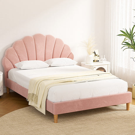 Artiss ROSY double pink velvet scallop bed frame showing 204 x 144 x 105cm — Allure Home Collections