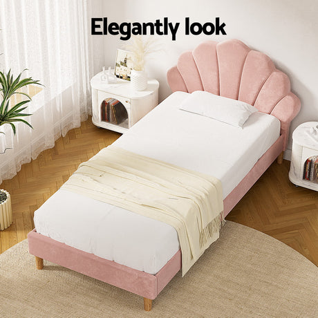 Artiss Bed Frame King Single Size Scallop-Shape Bedhead Beds Base Pink Velvet Fabric