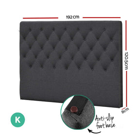 Cooma charcoal faux linen button tufted king bed head in a bedroom