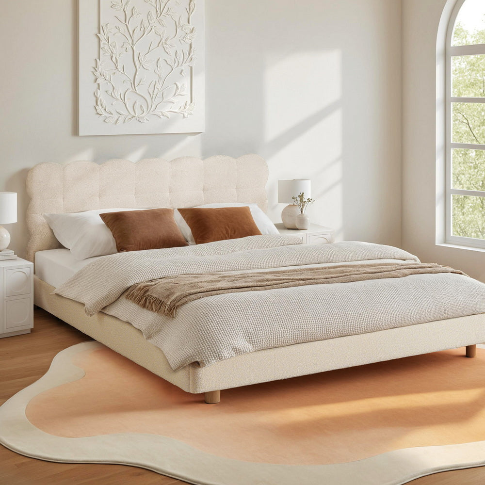 Artiss white boucle cloud headboard bed frame showing 215 x 171 x 96.5cm proportions — Allure Home Collections