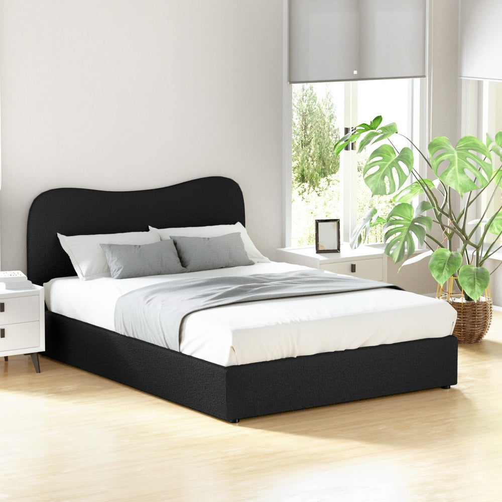 Artiss DARA double boucle bed frame in black — full front view — Allure Home Collections