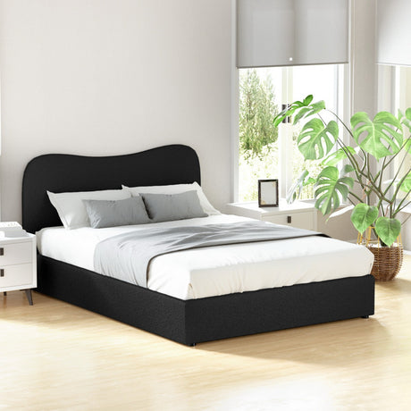 Artiss DARA double boucle bed frame in black — full front view — Allure Home Collections
