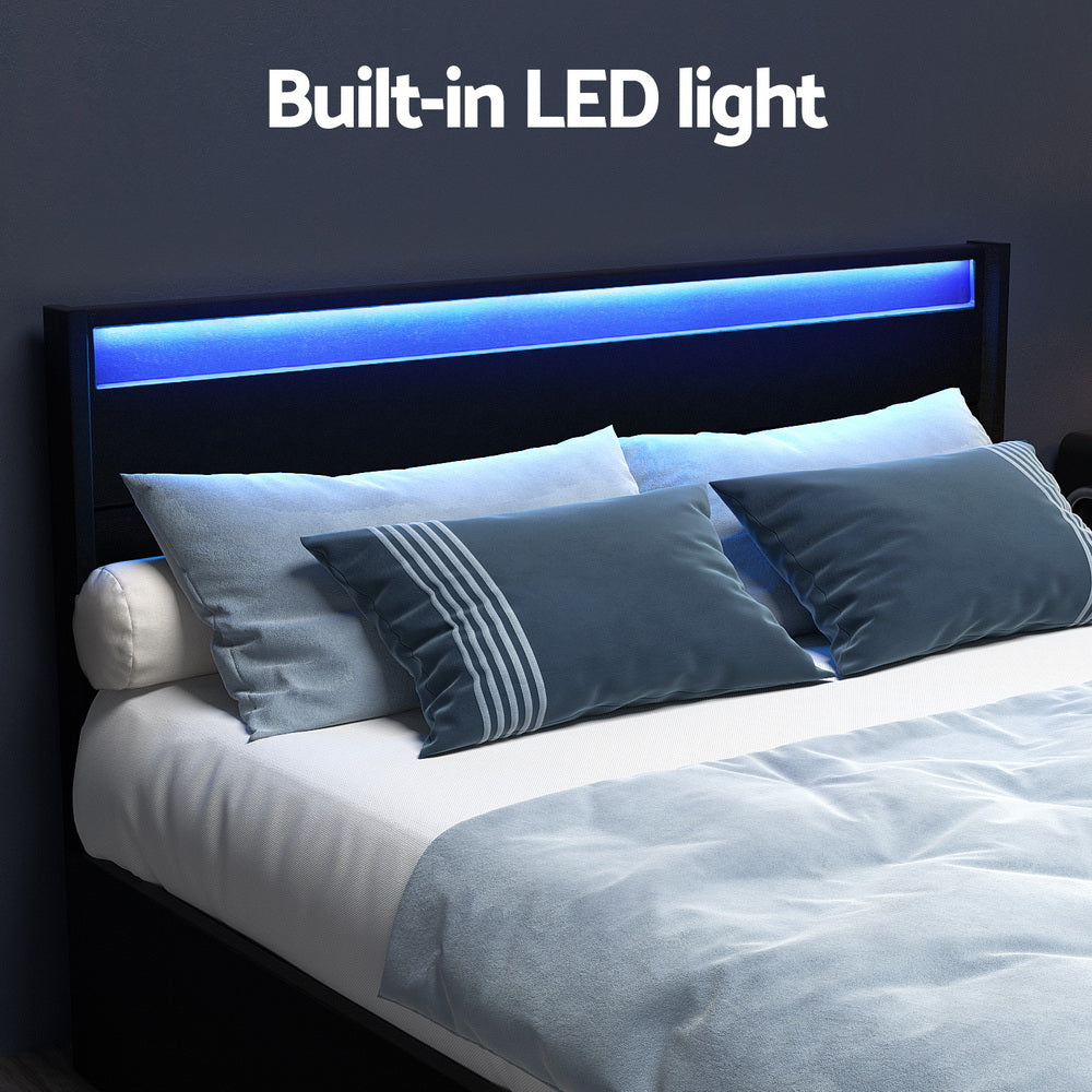 Artiss DUNN double LED storage bed frame styled in contemporary bedroom — Allure Home Collections