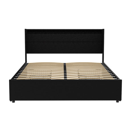 Artiss DUNN queen bed frame showing 4 storage drawers open — Allure Home Collections