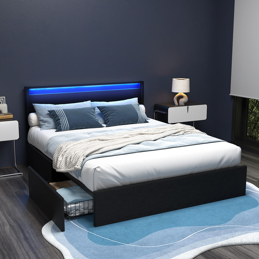 Artiss DUNN queen LED bed frame in black PU leather with 4 storage drawers — Allure Home Collections