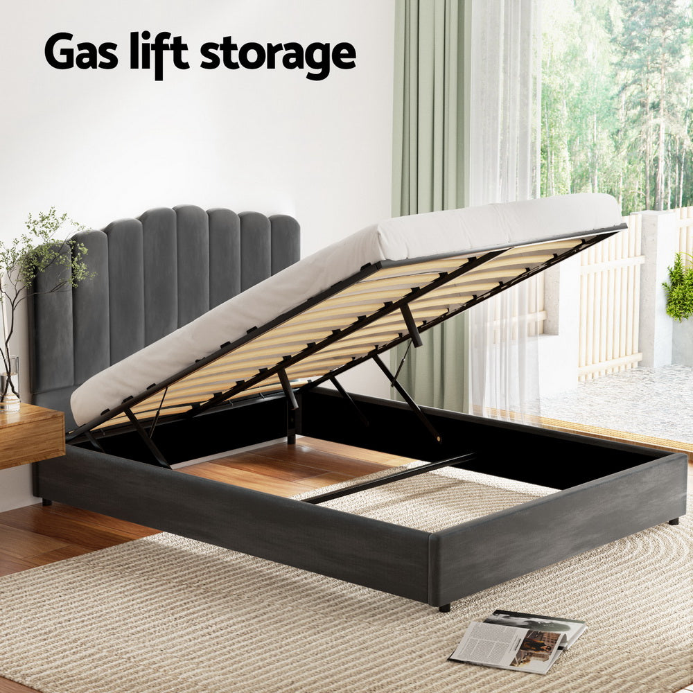 Artiss FION grey velvet double bed frame styled in bedroom — Allure Home Collections