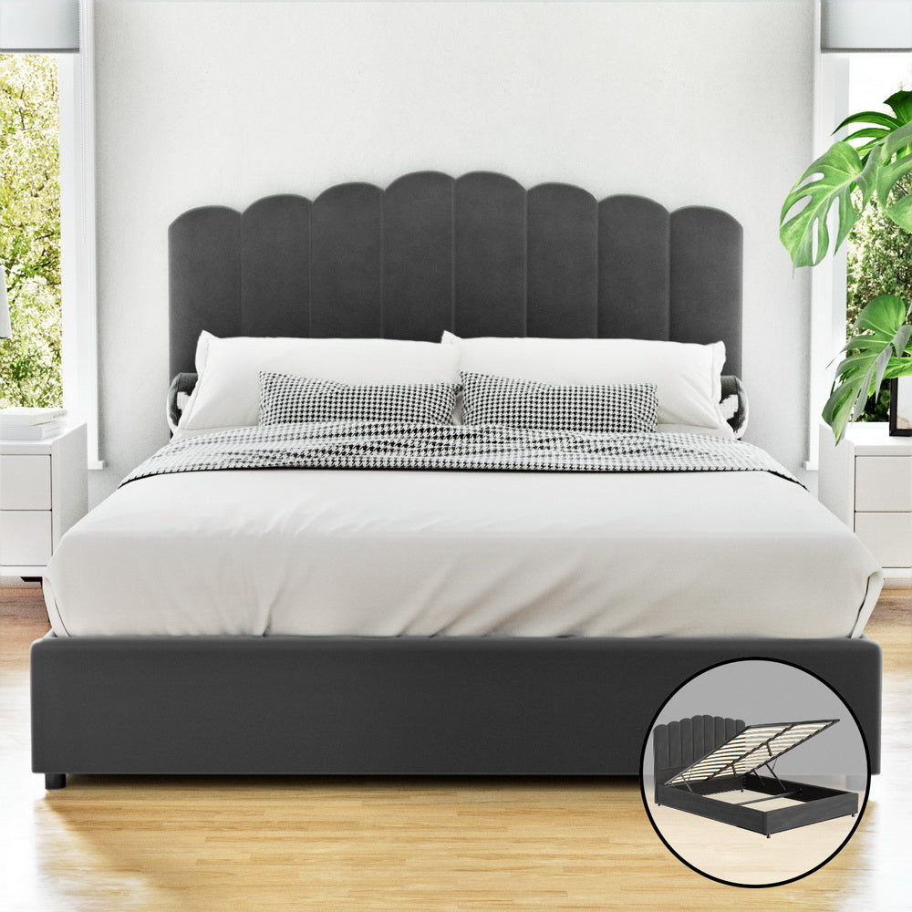 Artiss FION double velvet grey bed frame with gas lift storage — full view — Allure Home Collections