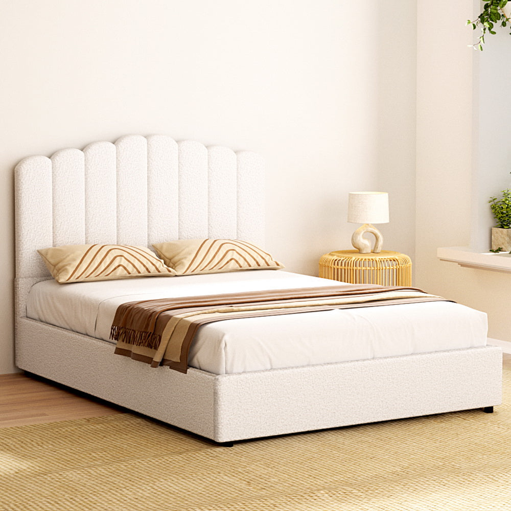 Artiss FION Double Bed Frame — Boucle Upholstered with Gas Lift Storage — Allure Home Collections