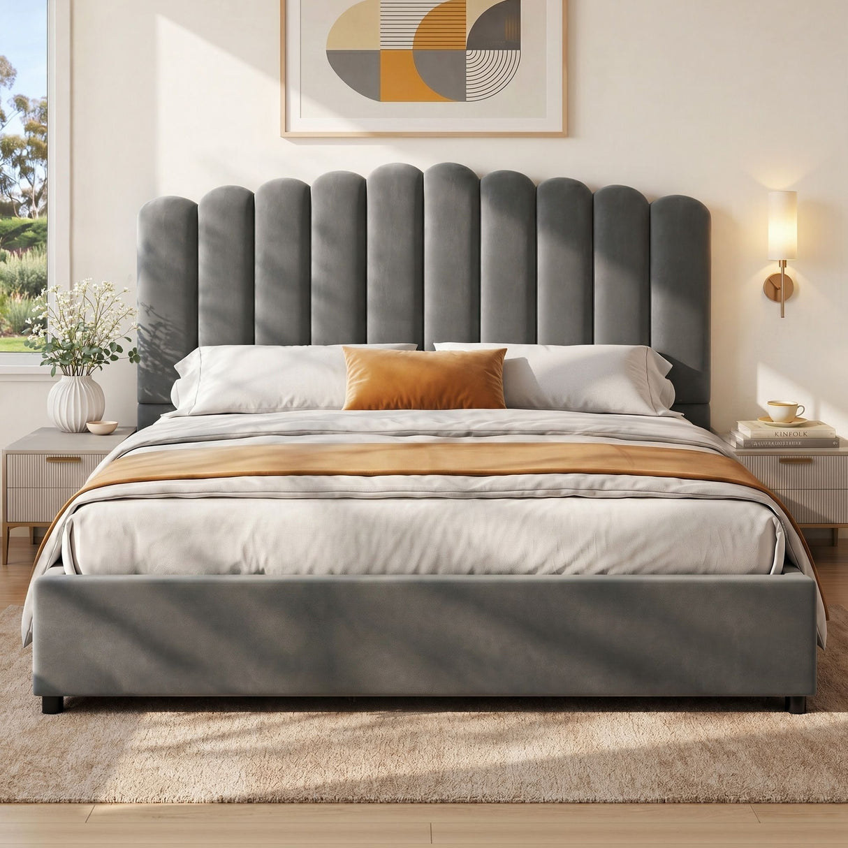Rimini grey King bed frame in a modern bedroom