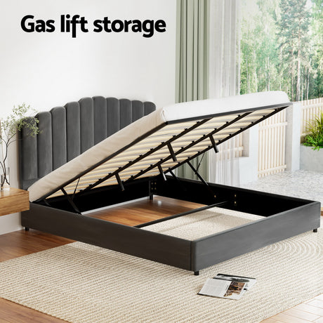 Artiss FION gas lift bed frame open showing hidden storage space — Allure Home Collections