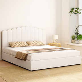 Hillsdale king bed frame in white boucle with gas lift storage in a serene bedroom