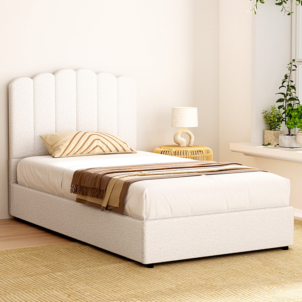 Artiss FION King Single Bed Frame — Boucle Upholstered with Gas Lift Storage — Allure Home Collections