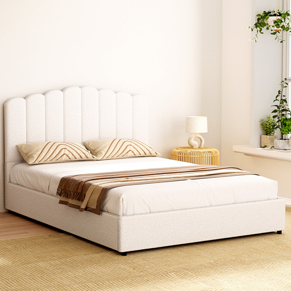 Artiss FION Queen Bed Frame — Boucle Upholstered with Gas Lift Storage — Allure Home Collections