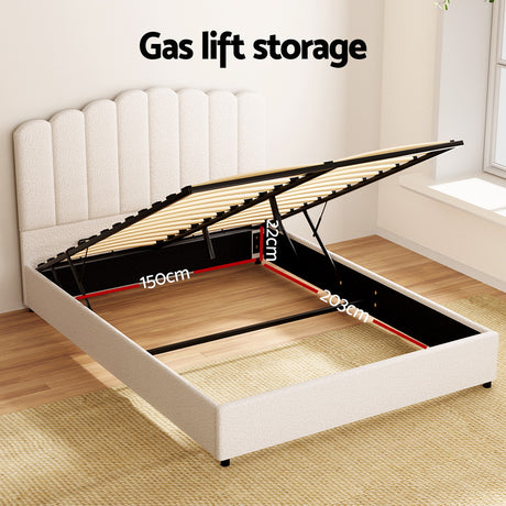 Artiss FION Queen Bed Frame — Boucle Upholstered with Gas Lift Storage — Allure Home Collections