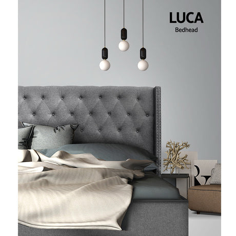 Artiss LUCA King Bed Head in Grey Faux Linen — Art Deco Winged with Metallic Studs — Allure Home Collections