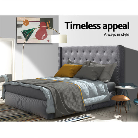 Artiss LUCA King Bed Head in Grey Faux Linen — Art Deco Winged with Metallic Studs — Allure Home Collections
