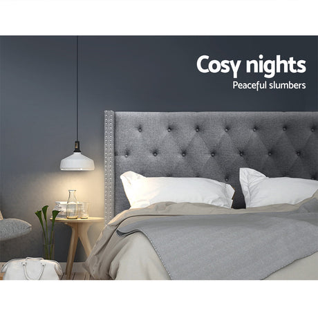 Artiss LUCA King Bed Head in Grey Faux Linen — Art Deco Winged with Metallic Studs — Allure Home Collections