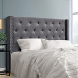 Artiss LUCA Queen Bed Head in Grey Faux Linen — Art Deco Winged with Metallic Studs — Allure Home Collections