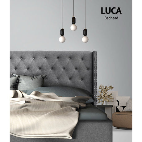 Artiss LUCA Queen Bed Head in Grey Faux Linen — Art Deco Winged with Metallic Studs — Allure Home Collections