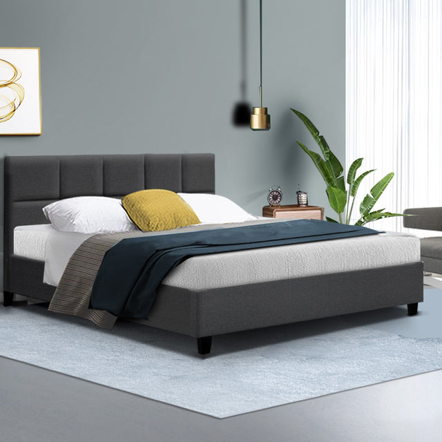 Artiss TINO queen bed frame in charcoal faux linen — full front view — Allure Home Collections