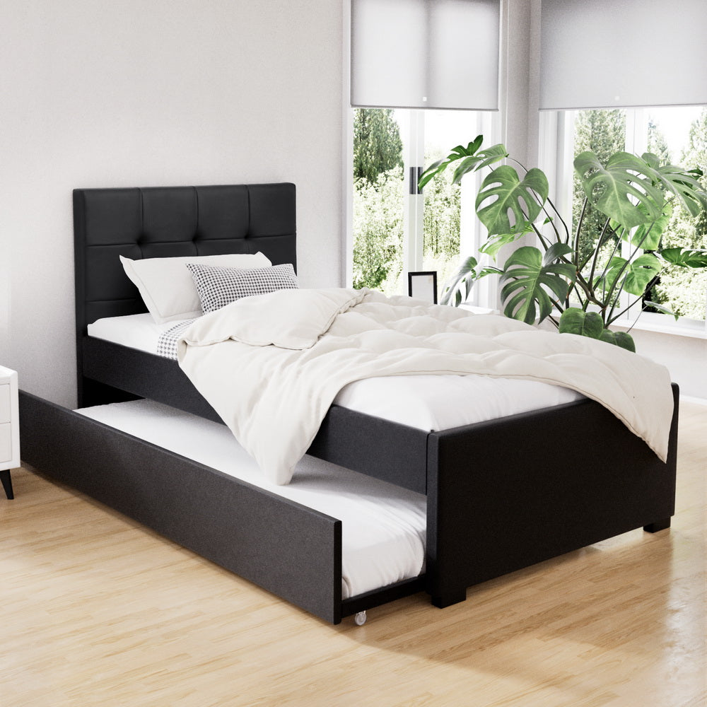 Artiss king single trundle daybed in black PVC leather — full front view — Allure Home Collections