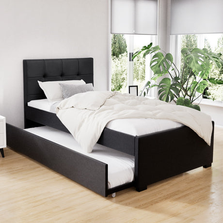 Artiss king single trundle daybed in black PVC leather — full front view — Allure Home Collections