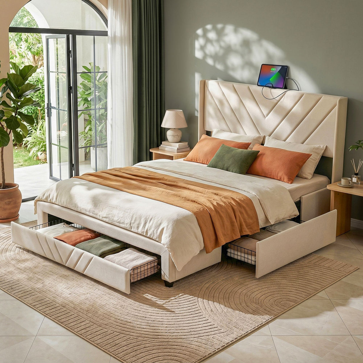 Anghiari Beige Double bed frame in a modern bedroom