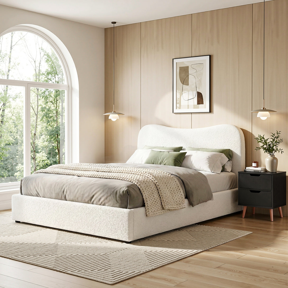 Soldiers Point double bed in beige boucle with a matching black bedside table in a soft bedroom
