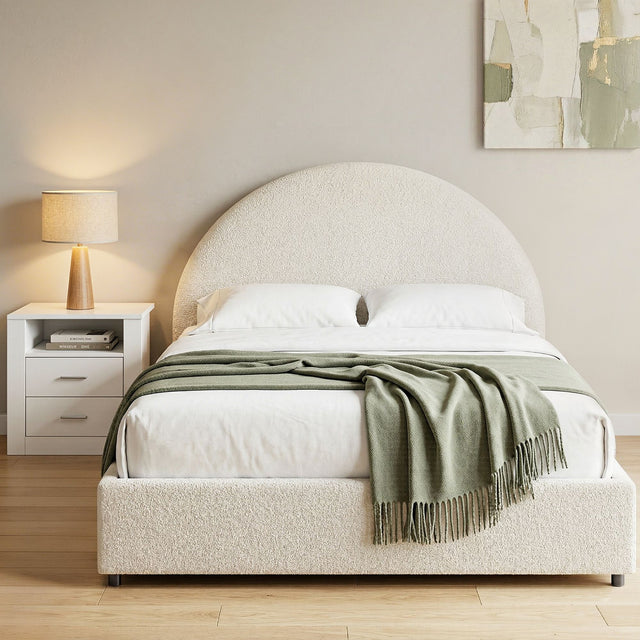 Vinci Beige Queen bed frame in a modern bedroom