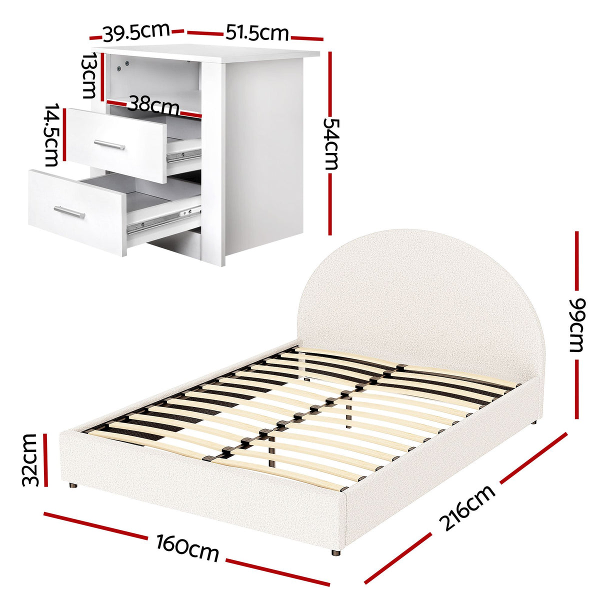 Vinci Queen Bed Frame with Bedside Table, Beige